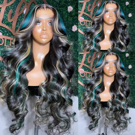 SISIFIRE Blue Blonde Highlight Lace Front Wigs for Women Pre-plucked Hairline Glueless 13X4 Inch Synthetic Lace Front Wig with Baby Hair Long Deep Wavy Wigs