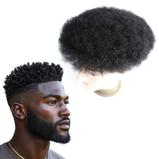 lumeng Toupee for men Afro Curl Hairpieces for Black Men Hair Replacement 100% Soft Human Hair Male Unit Transparent Pu Hairpiece 4MM Curly 1# Jet Black 8x10inch