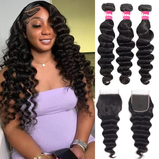 Beaushine 10A Bundles Human Hair Loose Deep Curly 3 Bundles with Closure-20 22 24+20inch, Brazilian Raw Human Hair Deep Wave hd Lace Closure with Quick Weave Sew in Hair Extensions Natural Black Color