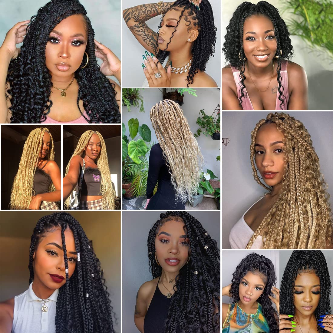 COOKOO 14 Inch Goddess Box Braids Crochet Hair for Black Women 8 Packs Synthetic Bohomian Hippie Crochet Box Braids With Curly Ends Pre Looped Crochet Braiding Hair 1B#