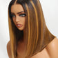 KLAIYI Bye Bye Knots Glueless Wig Ombre Brown with Blonde Bob Straight Precut 7x5Lace Front Human Hair Wig with Dark Roots Pre Plucked Bleached Blunt Cut Balayage Highlight Ready to Wear and Go 14Inch