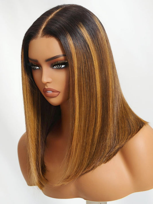 KLAIYI Bye Bye Knots Glueless Wig Ombre Brown with Blonde Bob Straight Precut 7x5Lace Front Human Hair Wig with Dark Roots Pre Plucked Bleached Blunt Cut Balayage Highlight Ready to Wear and Go 14Inch
