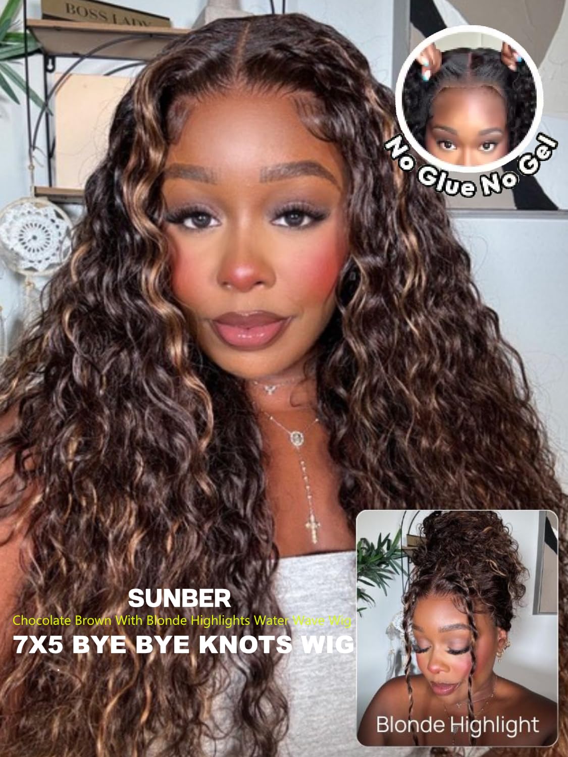 Sunber Ombre Brown Highlights Honey Blonde Water Wave Human Hair Glueless Wig Bye Bye Knots Pre Everything 7x5 Lace Front Pre Cut Lace Pre Plucked Pre Bleached Knots 150% Density 3S Pull Go 16Inch