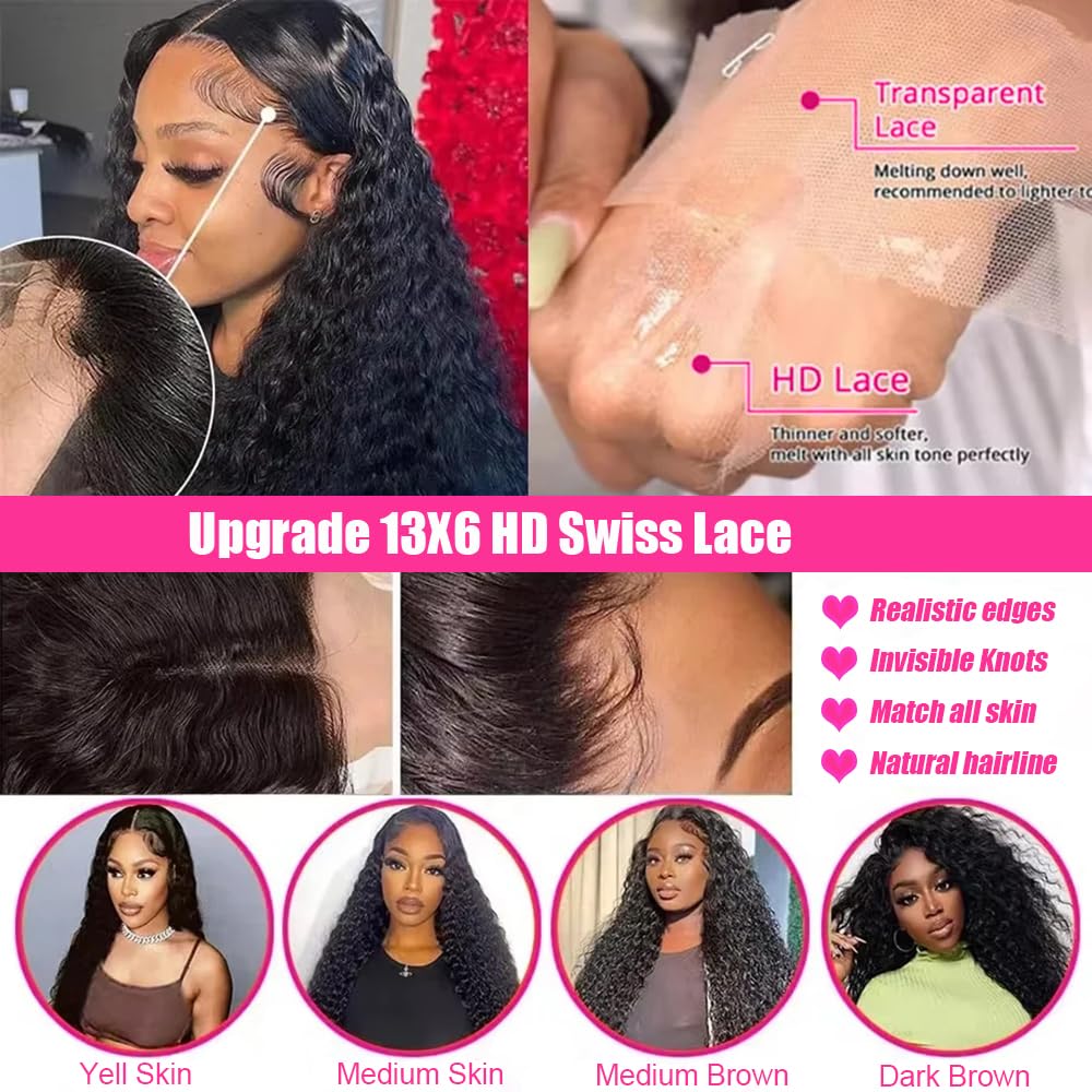 JTMMP 36 Inch Deep Wave Lace Front Wigs Human Hair Pre Plucked 13x6 HD Transparent Lace Frontal Wigs Human Hair 200% Density Deep Curly Glueless Wigs Human Hair for Women
