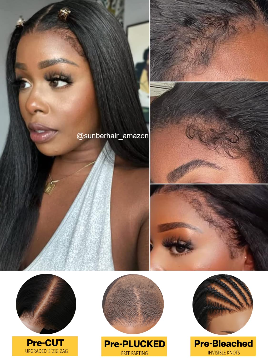 Sunber Bye Bye Knots 7x5 Lace Front Glueless 4C Egde Yaki Straight Human Hair Wigs Pre Plucked Invisible Knots Pre Everything 3S Ready to Wear Yaki Straight Human Hair Wig 20Inch