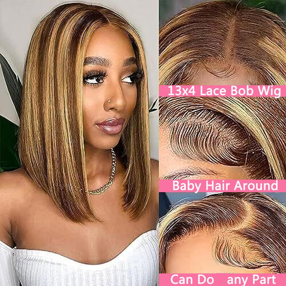 Brazilian Hair Highlight Ombre Bob Wig Human Hair 13x4 HD Transparent Lace Frontal Wig Pre Plucked with Baby Hair 180% Density Lace Front Wigs P4/27 Honey Blonde Bob Wigs for Black Women 10 Inch