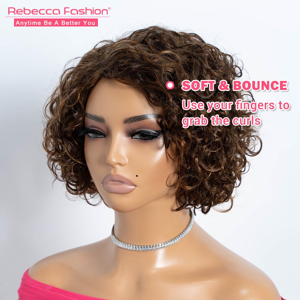Rebecca Fashion Short Curly Human Hair Wigs for Black Women Side Part Cute Curly Bob Wig Brazilian Remy Non Lace Glueless Wigs Natural Looking Highlight Brown Blonde Color
