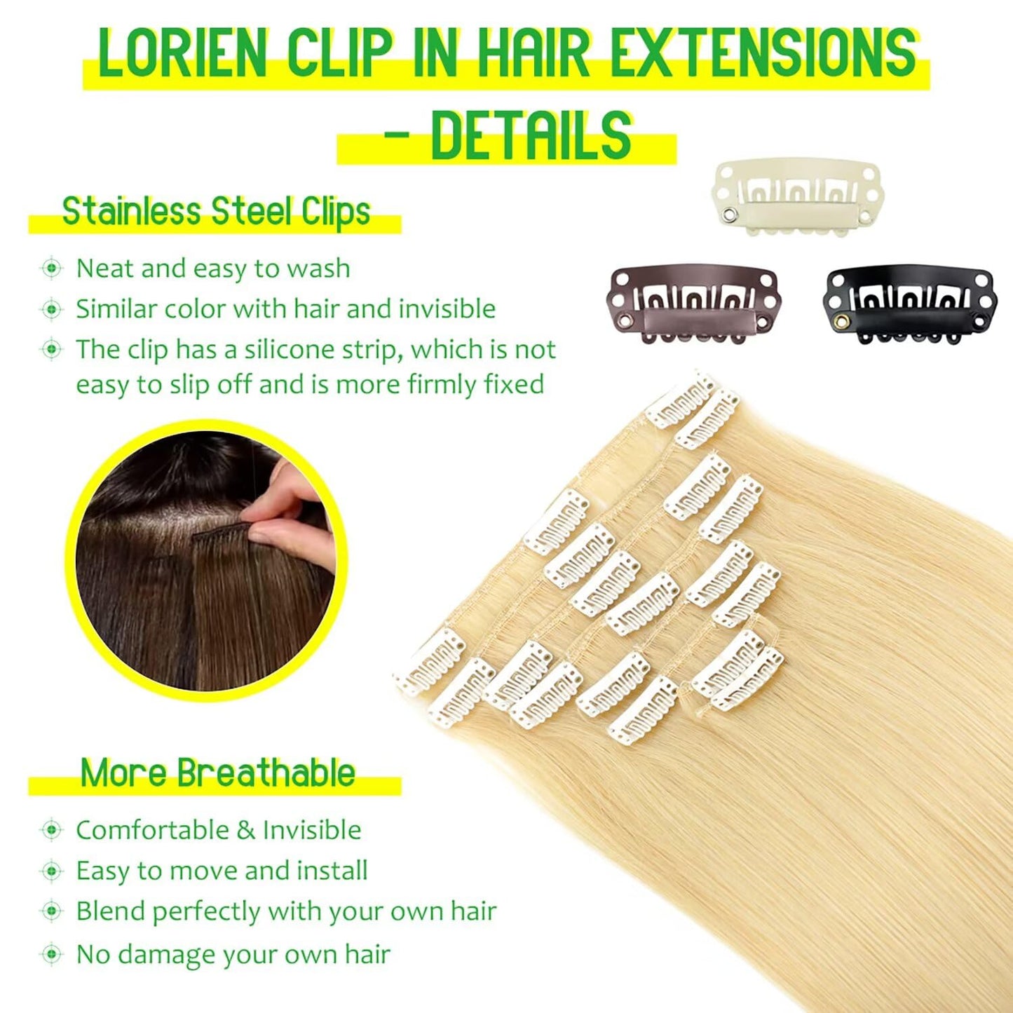 LORIEN Clip in Hair Extensions Real Human Hair, 24 Inch 120g, 613 Bleach Blonde, Clip in 100% Brazilian Remy Human Hair Extensions 8pcs Per Set with 18 Clips Double Weft