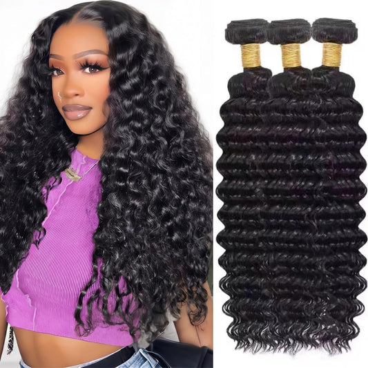 16 18 20 Inches Human Hair Bundles Deep Wave Bundles Human Hair 100% Unprocessed Brazilian Virgin 3 Bundles Hair for Black Women Wet and Wavy Quick Weave Hair Bundle Hair Extensions Natural Black