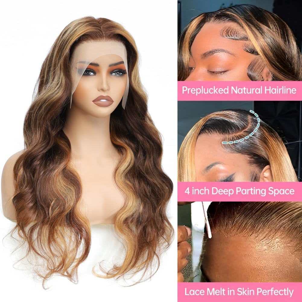 SERUYLEO Highlight Lace Front Wigs Human Hair Pre Plucked 4/27 13x4 Ombre Honey Blonde Transparent Lace Front Wigs Human Hair for Women 180% Density Body Wave Glueless Human Hair Wigs 22 Inch