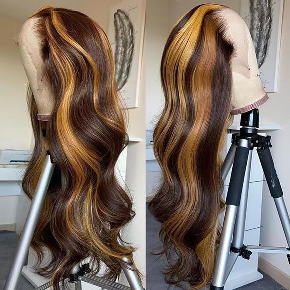SISIFIRE Blonde Highlight Lace Front Wigs for Women Pre-plucked Hairline Glueless 13X4 Inch Synthetic Lace Front Wig with Baby Hair Long Loose Body Wave Wigs for Daily Party Wig