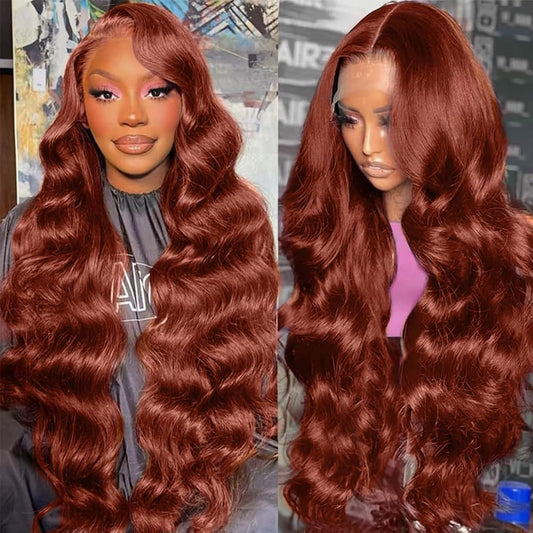 Dewyigs 28 Inch Reddish Brown Wig Human Hair Lace Front Wigs Human Hair Pre Plucked 13x4 Body Wave Frontal Wigs Human Hair Auburn Colored Human Hair Lace Front Wigs HD Lace Frontal Human Hair Wigs