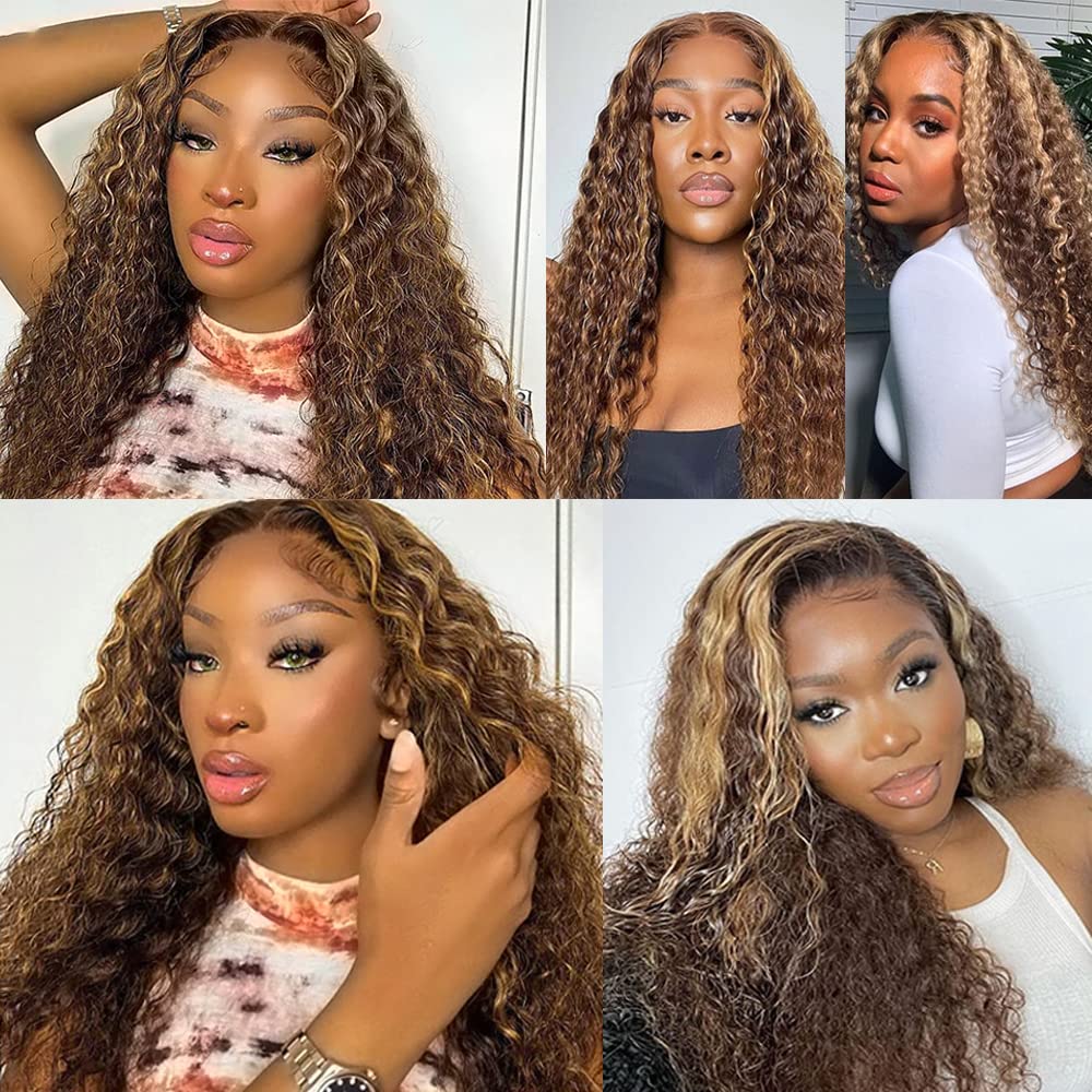 Biliisyff Ombre Brown and Blonde Deep Curly Weave Bundles Human Hair P4/27 Brown Honey Blonde Kinky Curly Bundles Double Weft Wet and Wavy Bundles Silky and Soft for Black Women 20 22 24 Inch