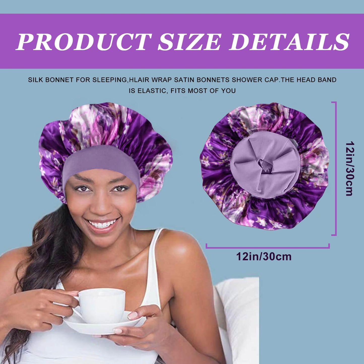 4PCS Silk Bonnet for Sleeping,Satin Bonnets Hair Wrap Cap for Black Women Men for Curly Hair,Elastic Wide Band Hair Bonnet Print Shower Cap for Sleeping (Black & Wine Red & Purple & Leopard Pattern)