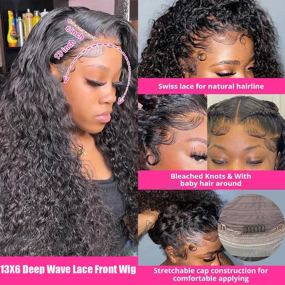 JTMMP 20 Inch Deep Wave Lace Front Wigs Human Hair 13x6 HD Lace Front Wigs Human Hair Pre Plucked Brazilian 200 Density Deep Wave Curly Glueless Frontal Wigs Human Hair