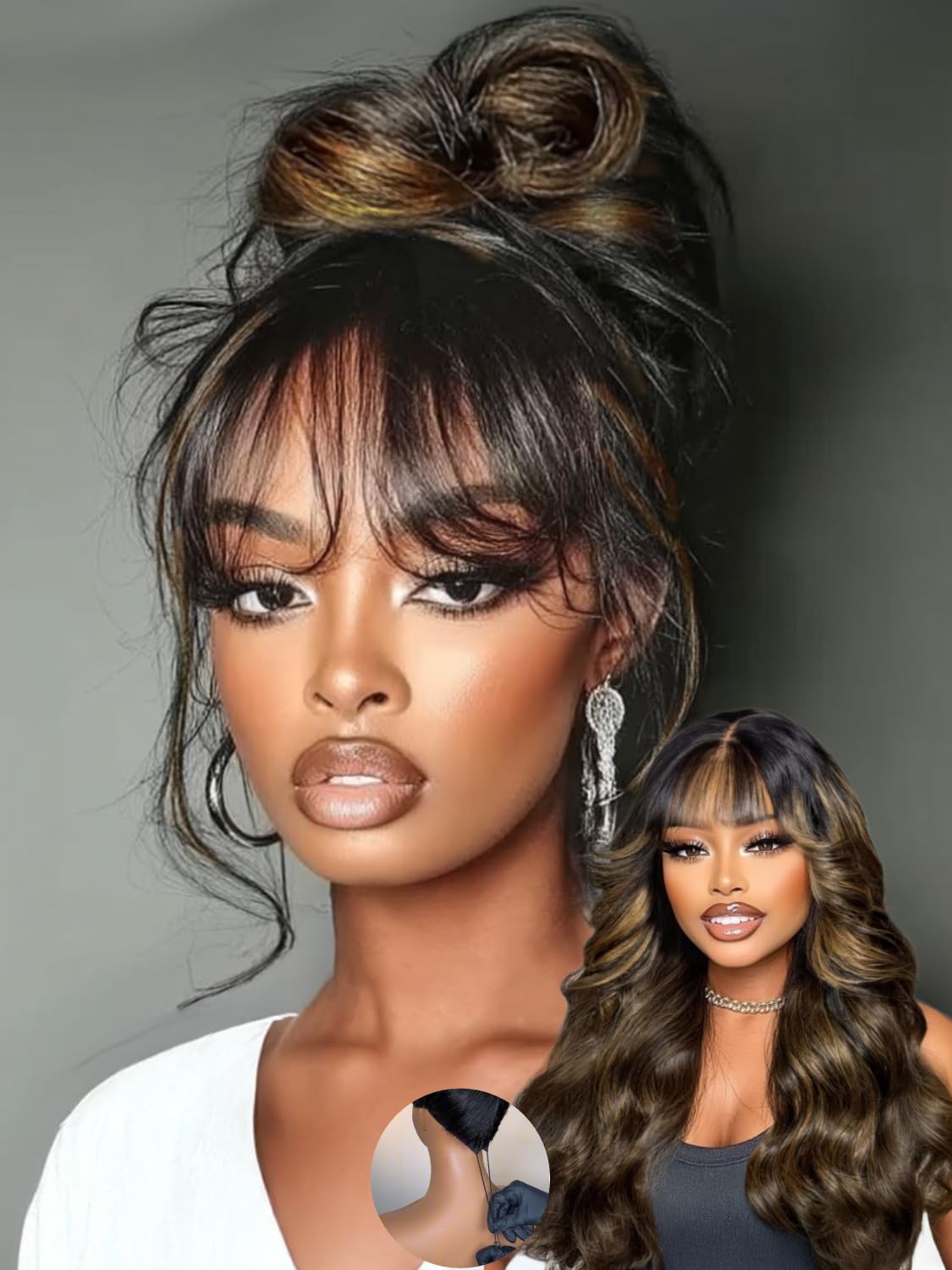 Sunber Ombre Brown Loose Body Wave With Bangs Pre Everything Glueless 13x4 HD Lace Front Human Hair Wig 180% Density Highlight Balayage Pre cut Lace Pre Plucked Bye Bye Knots Drawstring Wig 16Inch