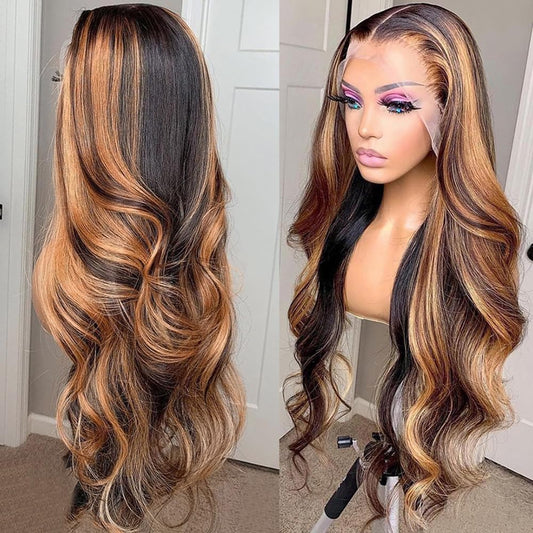 SISIFIRE Highlight Wig Synthetic Hair Hand Tied Natural Preplucked Hairline Illusion Lace Frontal Lacewig 4/27 Ombre Honey Blonde Heat Resistant Fiber Wig
