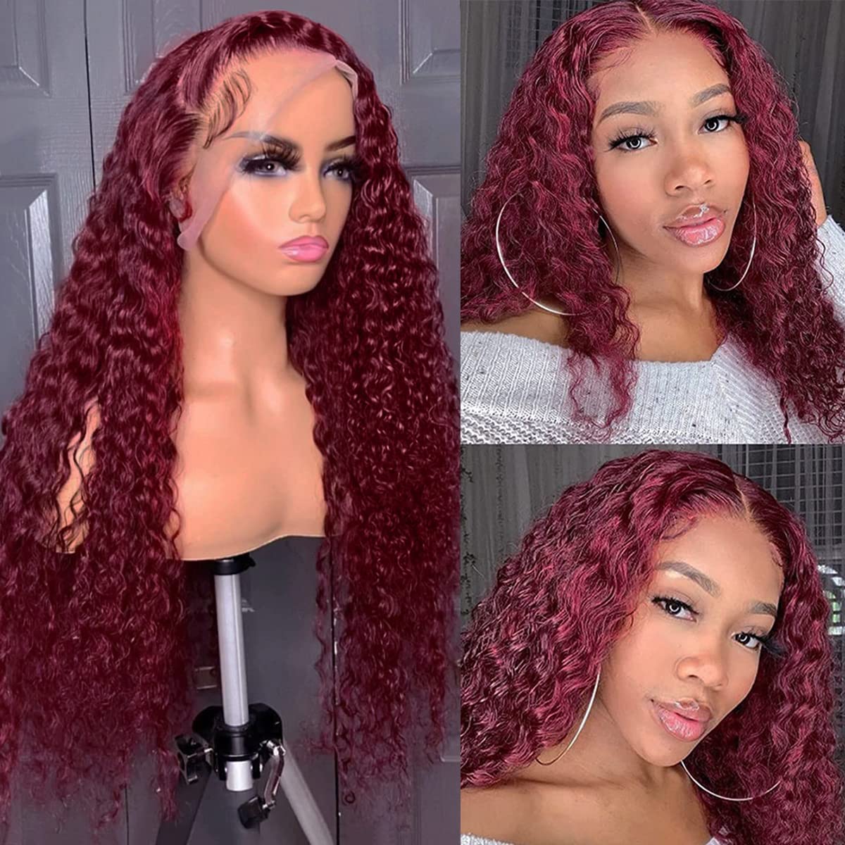 BOSDIOS 99J Burgundy Lace Front Wigs Human Hair 13x6 Deep Wave Lace Frontal Wig Human Hair for Black Women Red Water Curly Wave Wigs 180% Density Glueless Pre Plucked with Baby Hair(24inch)