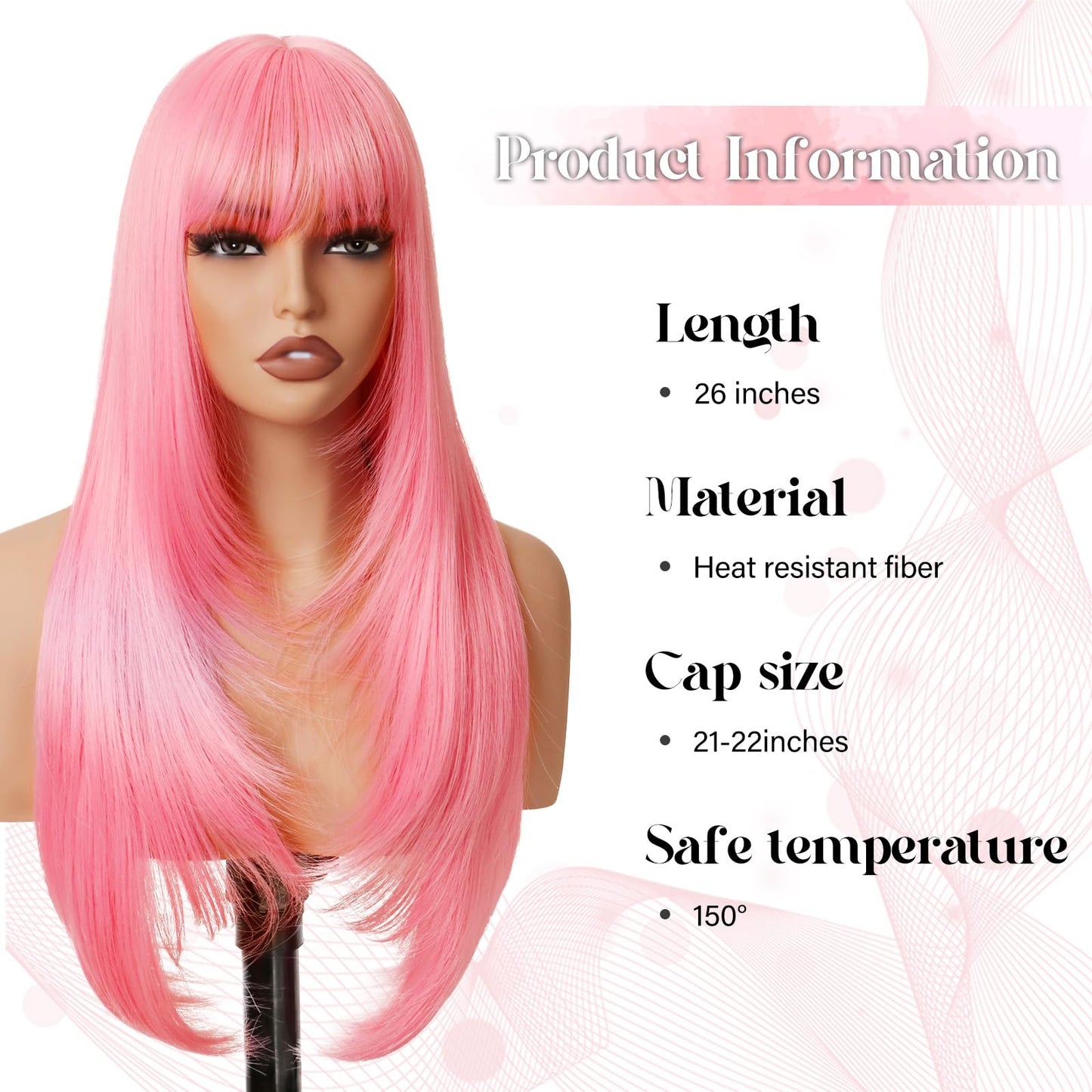 NOVFLKW Light Pink Long Straight Layered Wig with Bangs for Women 26 inch Put on Go Realistic Synthetic Fiber Heat Resistant Natural Wig for Girls Party Cosplay and Daily Use