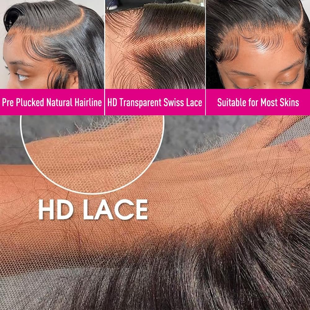 18 Inch 13x4 Body Wave Lace Front Wigs Human Hair 200 Density HD Lace Front Wigs Human Hair Pre Plucked Brazilian Virgin Wigs Human Hair for Women Glueless Lace Frontal Wig Natural Black Body Wave Wig