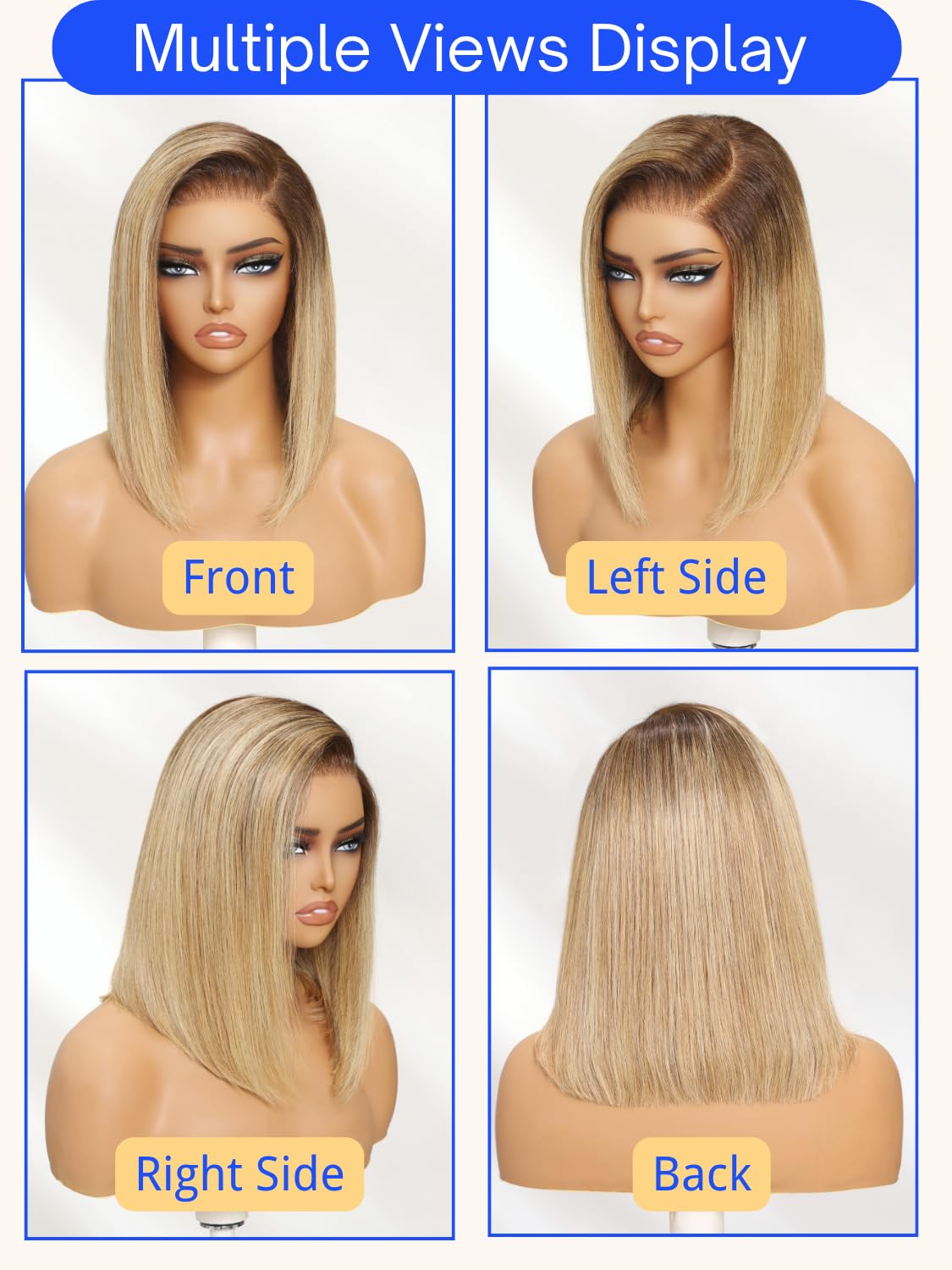 Nadula 13X4 HD Ombre Blonde Highlight Bob Straight Drawstring Wig Human Hair With Brown Roots - Pre Everything Glueless Ombre Bob Lace Front Wig with Ear Tape - Ready to Go Short Ombre Bob Wig 10inch