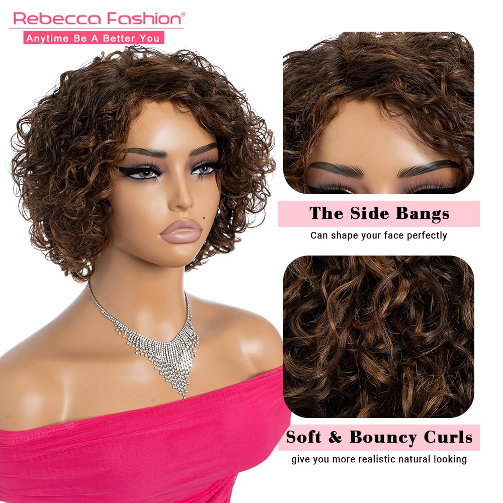 Rebecca Fashion Short Curly Human Hair Wigs for Black Women Side Part Cute Curly Bob Wig Brazilian Remy Non Lace Glueless Wigs Natural Looking Ombre Brown Color