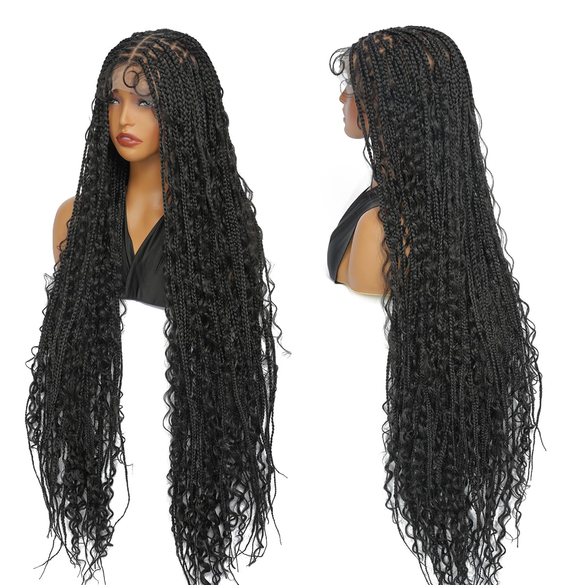 SUPERNOVA Knotless Boho Box Braided Wigs For Black Women 36inch Square Knotless Full Lace Box Braid Wig Goddess Braided Wig With Baby Hair Bohemian Curly Ends Synthetic Boho Braids Wig (36 Inch)