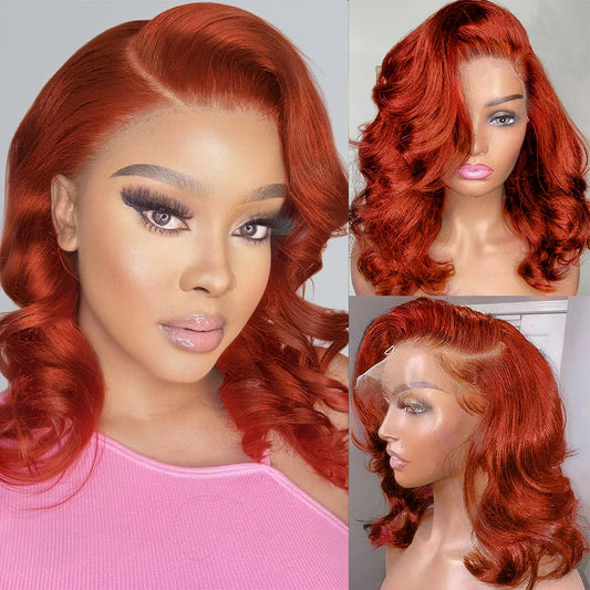 Afribye Ginger Wig Human Hair 200% Density 13x6 350 Ginger Body Wave Lace Front Wigs Human Hair Pre Plucked Short Wigs for Black Women Glueless Frontal Wig Human Hair Loose Wavy 12 inch
