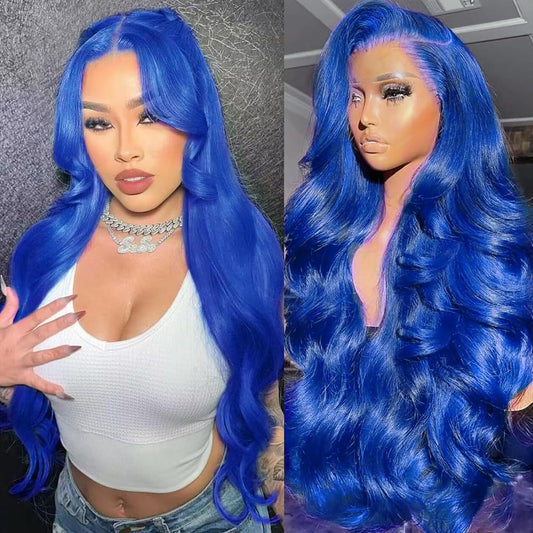 Boumon Blue Lace Front Wig Human Hair 13x4 HD Lace Front Wigs Human Hair Pre Plucked Body Wave 200 Density Human Hair Wig 32 Inch