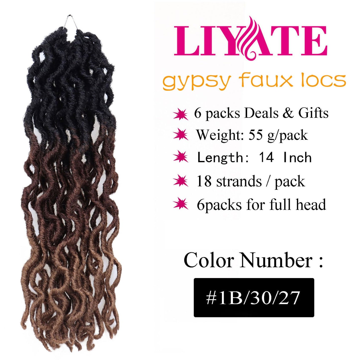 14 Inch Goddess Faux locs Crochet Hair 6 Packs/Lot Soft Gypsy Locs Wavy Crochet Braids Dreadlocks 3 Tone Curly Wavy Twist Braiding Hair Extensions African Roots Braid（#1B/30/27)