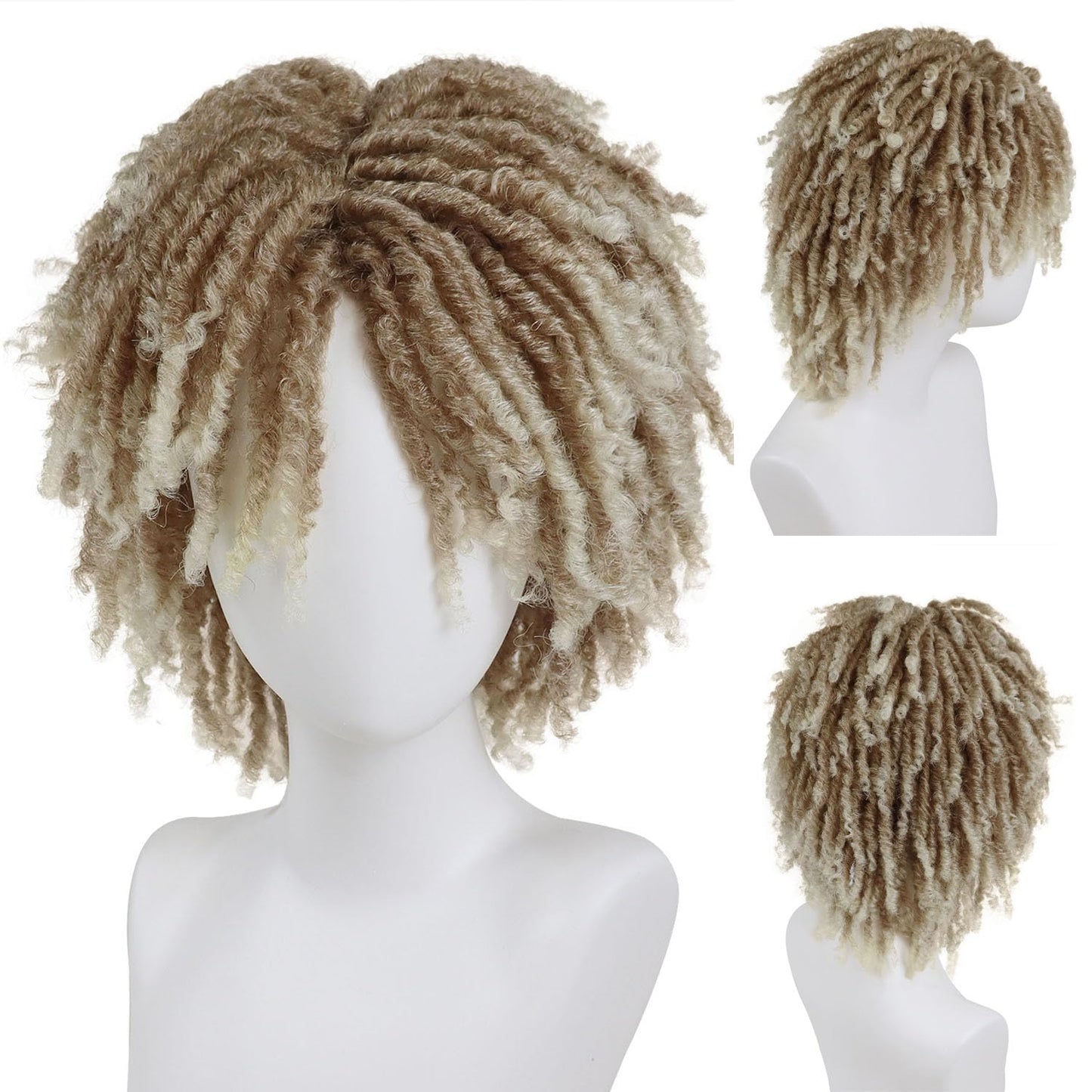 GNIMEGIL Mens Dreadlock Wig Ombre Blonde Curly Male Fake Dreads Hair Loc Short Braided Wig with Bangs Realistic Twist Rasta Wigs Halloween Costume Rocker Cosplay