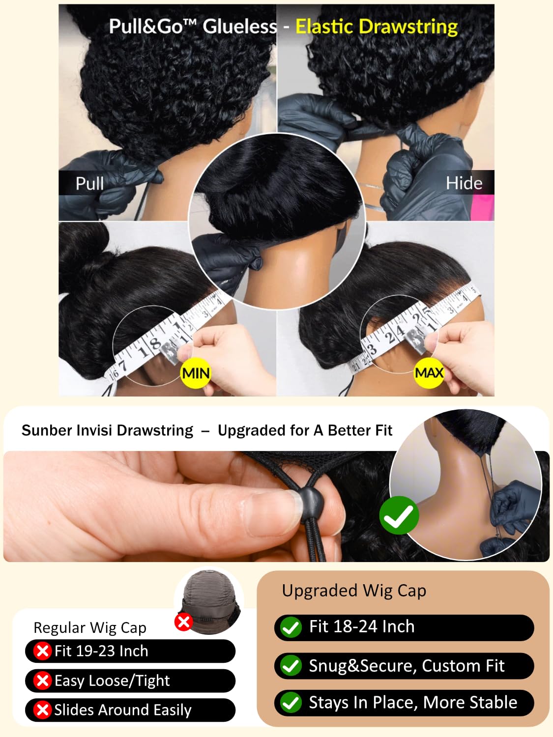Sunber 13x4 HD Lace Loose Wave Human Hair with Drawstring Wig Upgrade 3D Cap Bye Bye Knots Pre Cut13X4 Lace Front Put On and Go 3S Wear Glueless Wigs Pre Plucked Pre Bleached Invisible Knots 16Inch