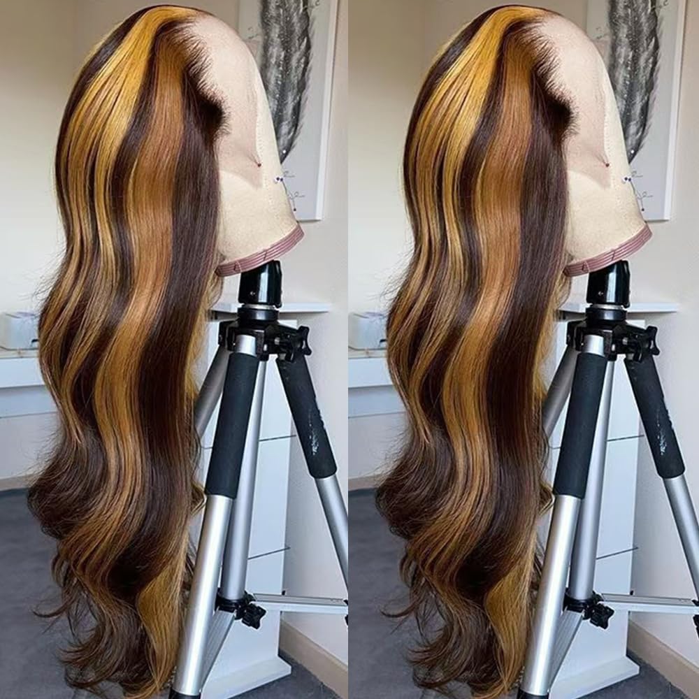 SISIFIRE Blonde Highlight Lace Front Wigs for Women Pre-plucked Hairline Glueless 13X4 Inch Synthetic Lace Front Wig with Baby Hair Long Loose Body Wave Wigs for Daily Party Wig
