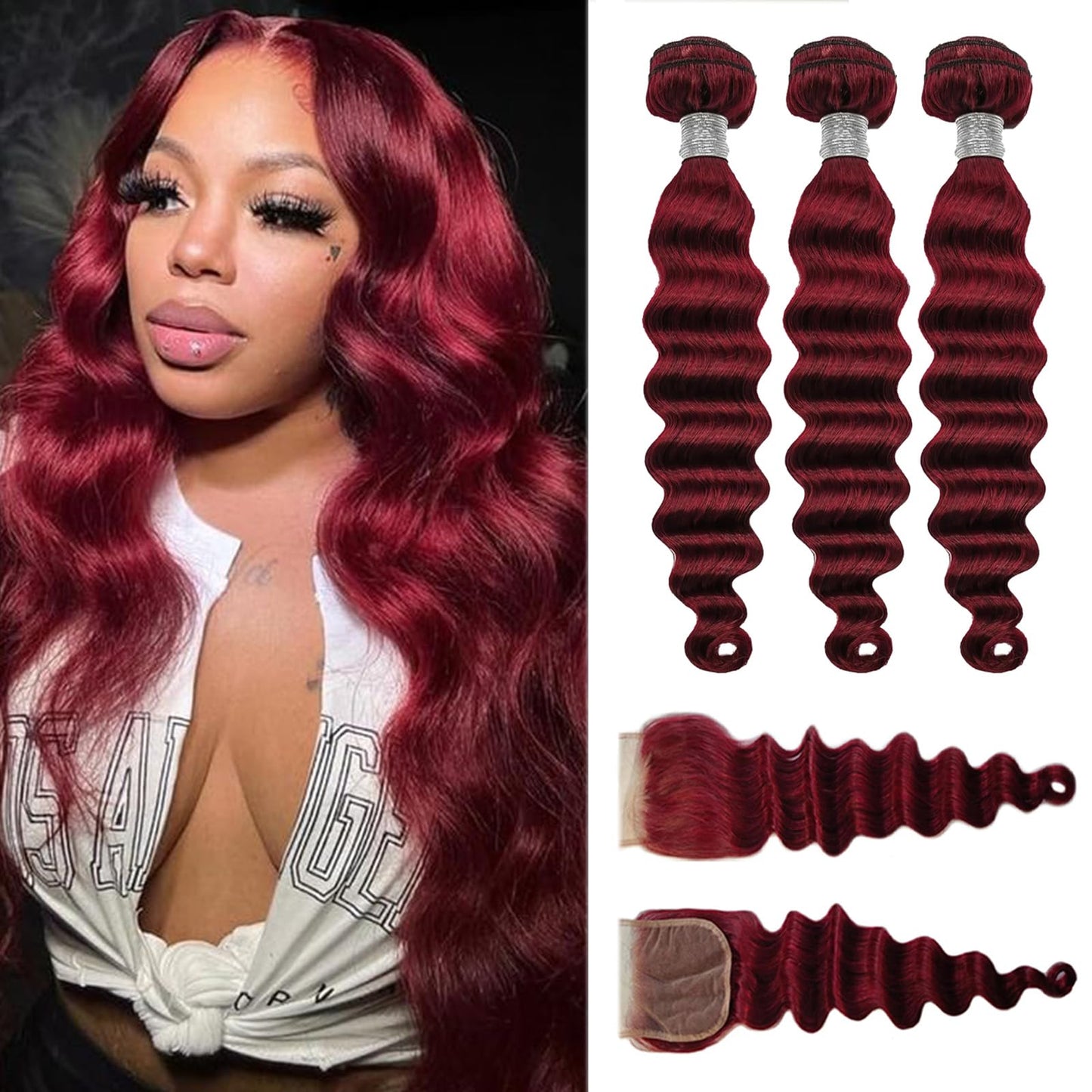 Beaushine Burgundy Human Hair Bundles with Closure Loose Deep Wave Hair 16 18 20+16inch, 10A Unprocessed Raw Brazilian Virgin Hair Sew in Quick Weave Bundles and Closure, 99J Wine Red Color