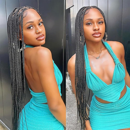 Suntefic Box Braided Wigs for Black Women Glueless Box Braids Wig with Baby Hair Double Full Lace Front Braid Wig Human Hair Blended Braided Wigs (Box Braid（Black）