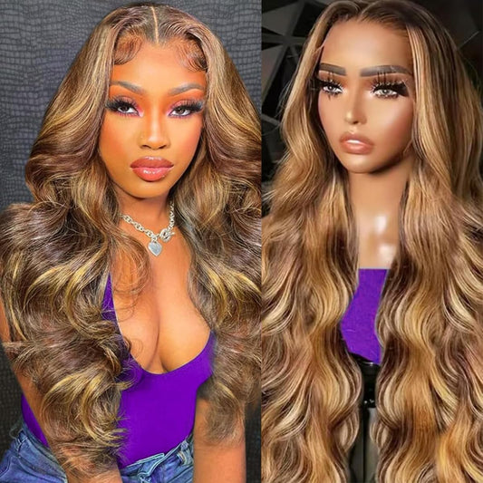 Dewyigs Highlight Ombre Lace Front Wig Human Hair Body Wave Honey Blonde Glueless HD Transparent Lace Frontal Wigs for Women 13X4 Human Hair Pre Plucked with Baby Hair 22 Inch