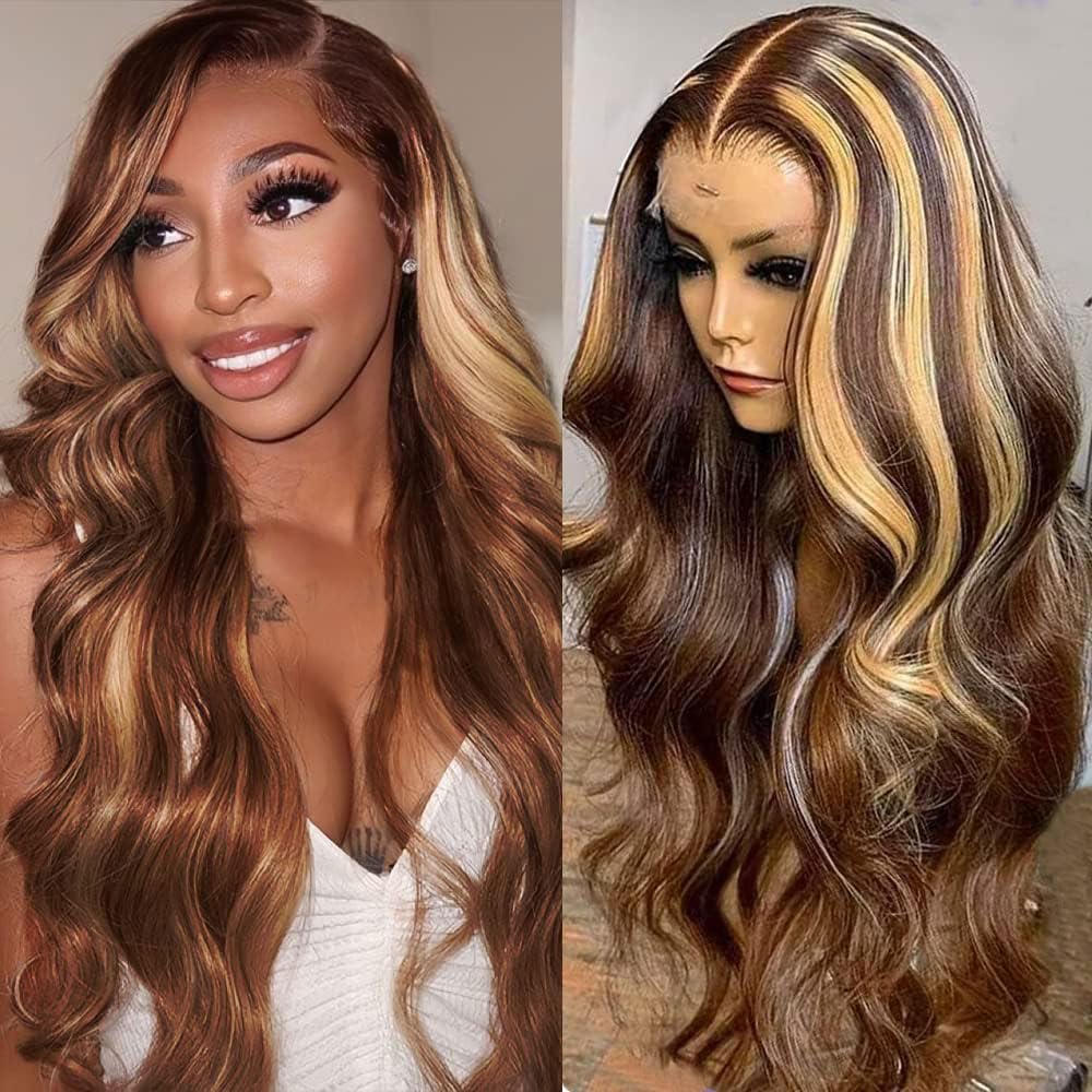 Loyom Highlight Ombre Lace Front Wig Human Hair Pre Plucked 13x4 HD Transparent 4/27 Honey Blonde Lace Frontal Wigs For Women with Baby Hair 200 Destiny Body Wave Lace Front Wigs Human Hair 32 Inch