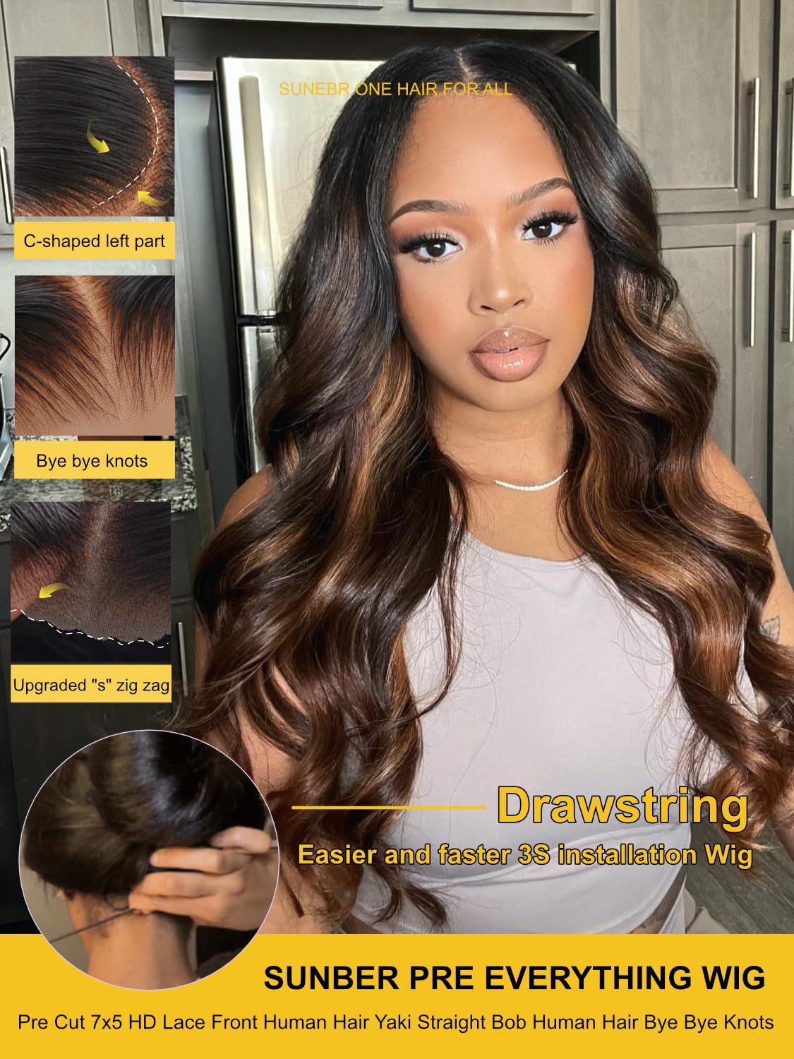 Sunber Ombre Highlight Brown Body Wave Human Hair Glueless Balayage Wigs Pre Cut 7x5 HD Lace Front with Elastic Drawstring 150% Density Put On and Go Pre Plucked Pre Bleached Invisible Knots 24Inch