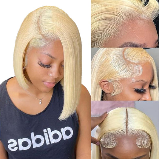 Hoscod Straight 613 Bob Wig Human Hair 13x4 HD Transparent Lace Front Wig Blonde Bob Wig Human Hair Pre Plucked with Baby Hairs Blonde Lace Frontal Wigs for Women 180 Density Short Wigs (14 Inch).