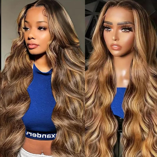 Dewyigs Highlight Ombre Lace Front Wig Human Hair 24 Inch Body Wave Honey Blonde Glueless HD Transparent Lace Frontal Wigs for Women 13X4 Human Hair Pre Plucked with Baby Hair