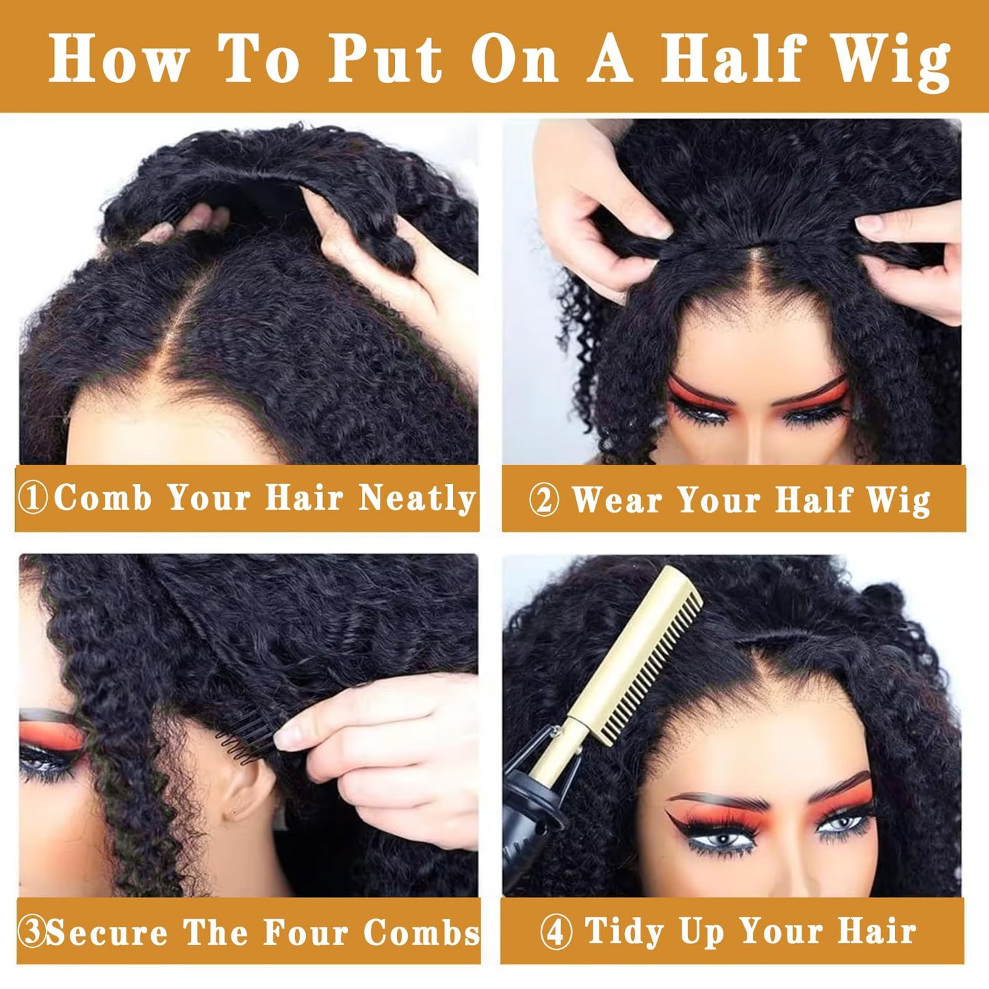 Celiarita Curly Half Wig Human Hair Wear Go Glueless Deep Wave Headband Wigs Human Hair Seamless Flip Over Drawstring Clip in Half Wig for Black Women 200% Density Natural Color 28 Inch