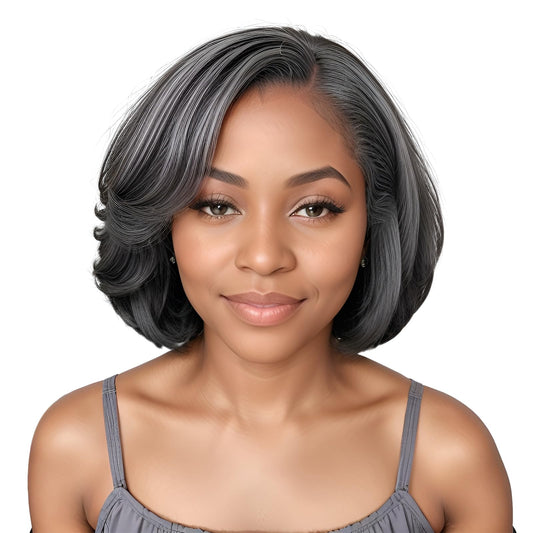 HANASCC Salt and Pepper Wigs for Women 10" Glueless Grey Short Bob Wigs Pre Plucked Body Wave Gray Human Hair Wig Pre Cut 5x5 HD Transparent Grey Glueless Lace Front Wigs for Women