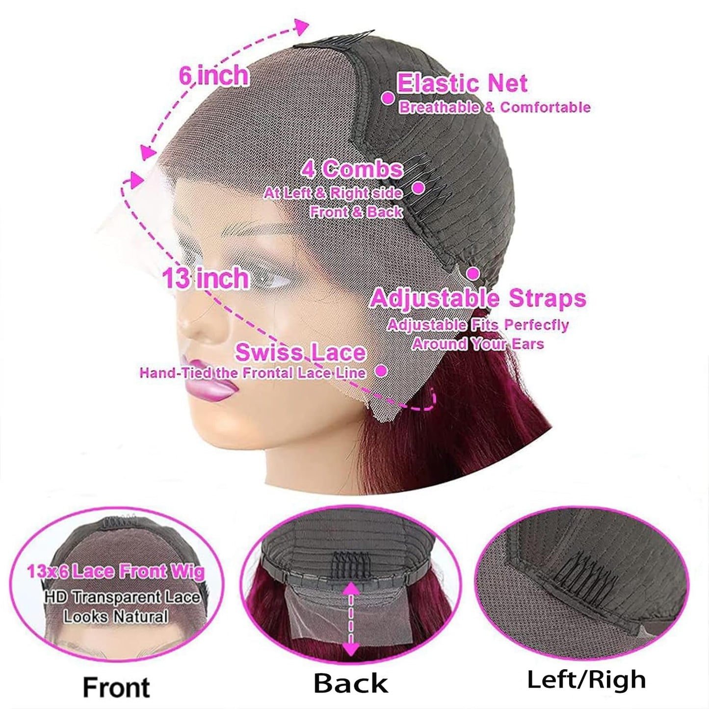 ROLKISA 99j Burgundy Lace Front Wigs Human Hair 24Inch 13x6 HD Transparent Lace Straight Red Wig Human Hair Colored Reddish Brown Lace Frontal Wigs Human Hair 180% Density Pre Plucked With Baby Hair