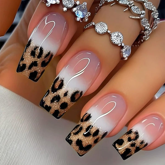 Long Coffin Press on Nails French Fake Nails Glossy Acrylic Press On Nails with Glitter Leopard Print Designs French Style Gradient Acrylic Full Cover Glue on Nails Long False Nails for Women 24PCS
