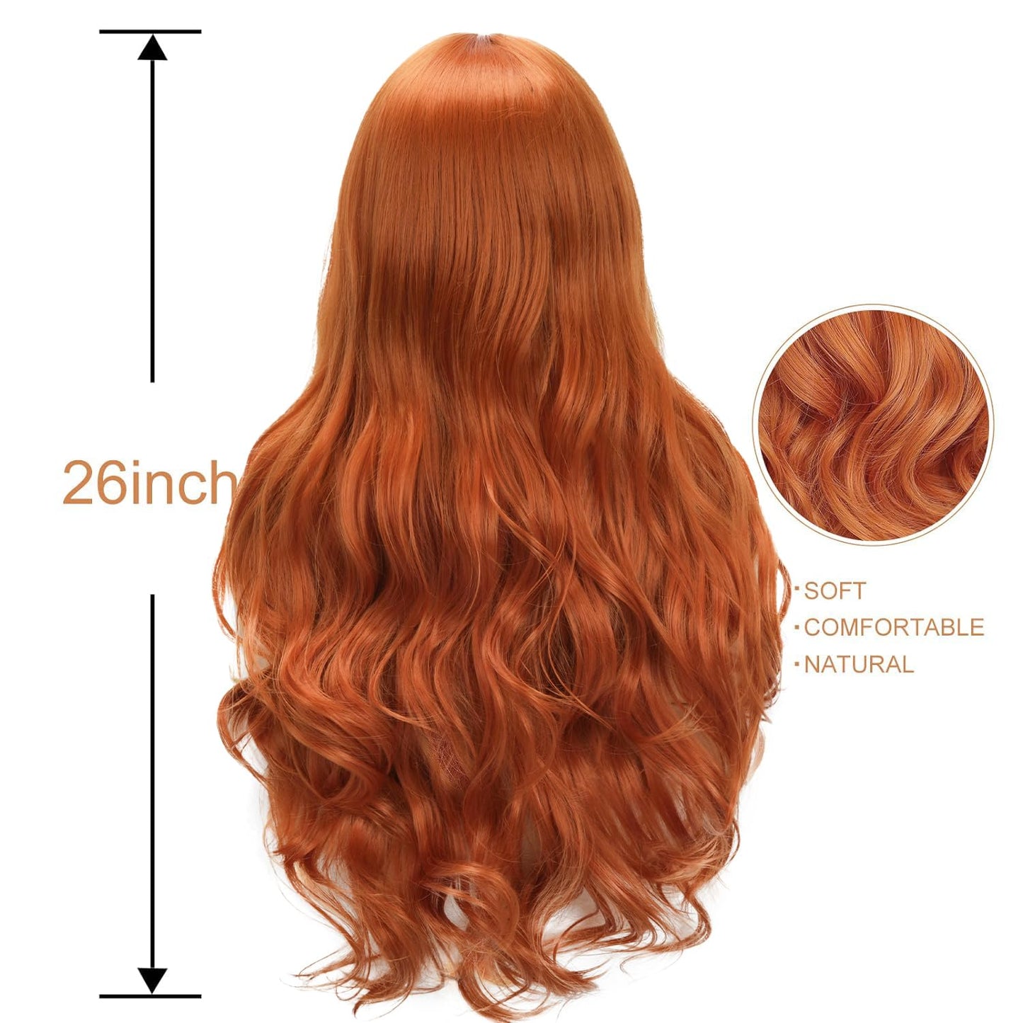 Sabosi Ginger Wig Long Wavy Wigs for Women 26 Inch Middle Part Curly Wavy Wig Natural Looking Synthetic Heat Resistant Fiber Wig for Daily Party Use