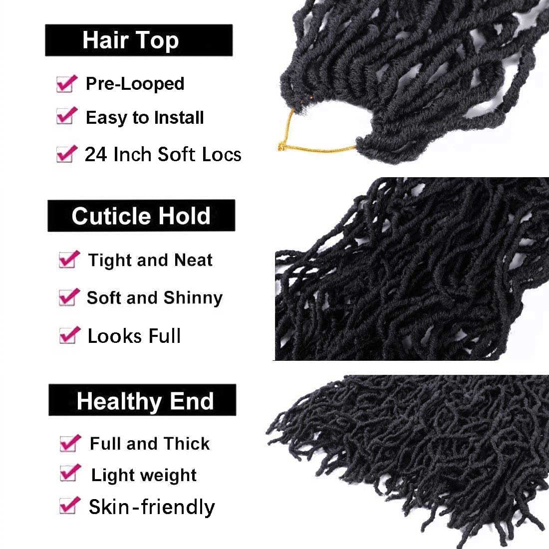 7 Packs Soft Locs Crochet Hair Pre Looped Faux Locs Crochet Braids Goddess Locs Dreadlocs Synthetic Hair For Black Women (1B, 24 Inch (Pack of 7))