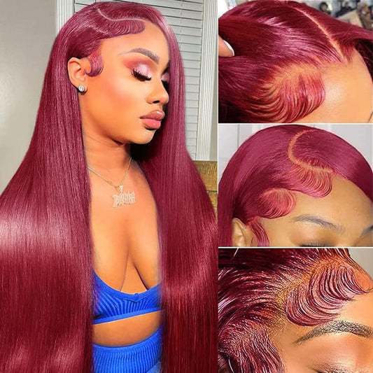 ROLKISA 99j Burgundy Lace Front Wigs Human Hair 32Inch 13x6 Lace Front Wigs Human Hair Straight Red 180% Density HD Lace Front Human Hair Pre Plucked Pre Cut Glueless Wigs Colored For Women