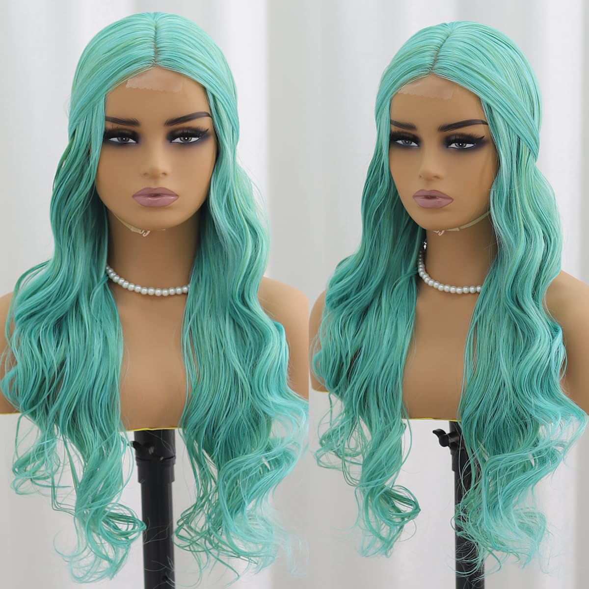 SISIFIRE Highlight Long Wavy Wigs for Women Green Middle Part Loose Curly Wave Wig Synthetic Heat Resistant Fiber Wig for Halloween Cosplay Christmas Wigs