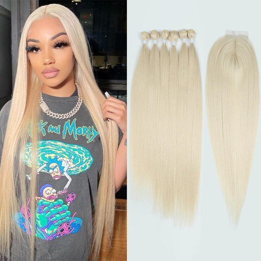 DÉBUT Silky Straight Synthetic Hair 6 Bundles with Lace Front Closure 613 Color Long Straight Hair Bundles Weave with Hand-Tied Middle Parting Lace Closure