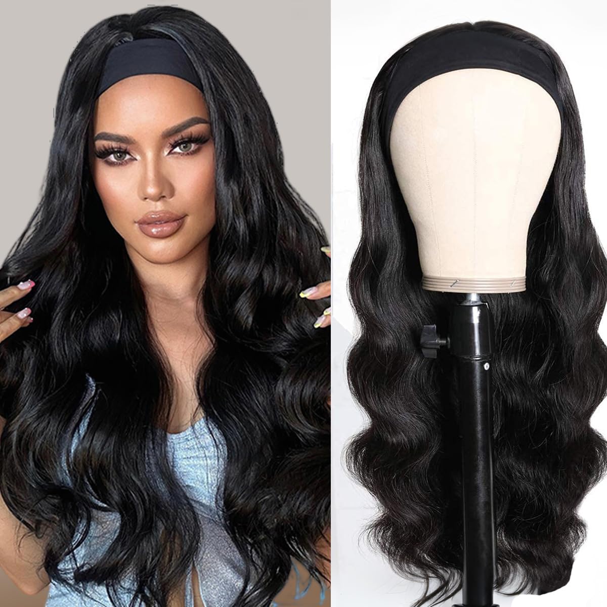 olimaruly Headband Wig Human Hair 20 inch None Lace Front Wig Human Hair Glueless Wigs Body Wave Headband Half Wigs for Black Women 150% Density Natural Color